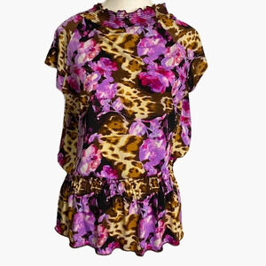 Unbranded Purple Floral and‎ Animal Print Short Sleeve Top
